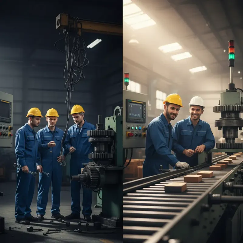 Split-screen view comparing a breakdown from loose bolts and a stable production line after industrial fastener replacement by Webber Crimpex.