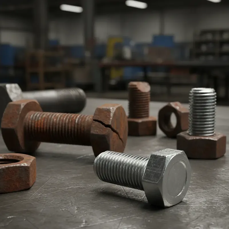 Close-up comparison of new and damaged bolts showing wear, rust, and cracks during industrial fastener replacement inspection by Webber Crimpex